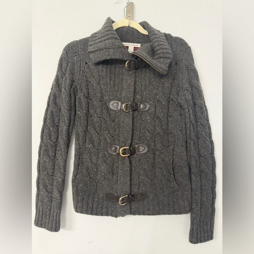 Autumn Cashmere Womens Small Gray Fleck leather buckle full zip collared sweater
